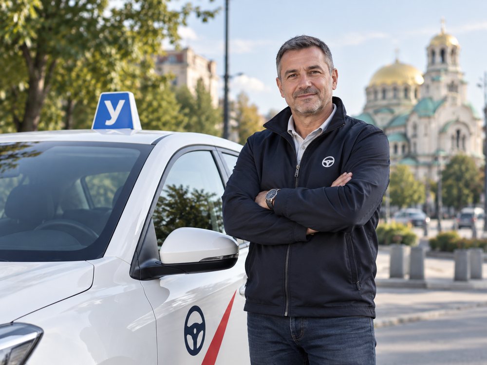 Ефтим Ризов — инструктор по шофиране в София, пред учебния автомобил